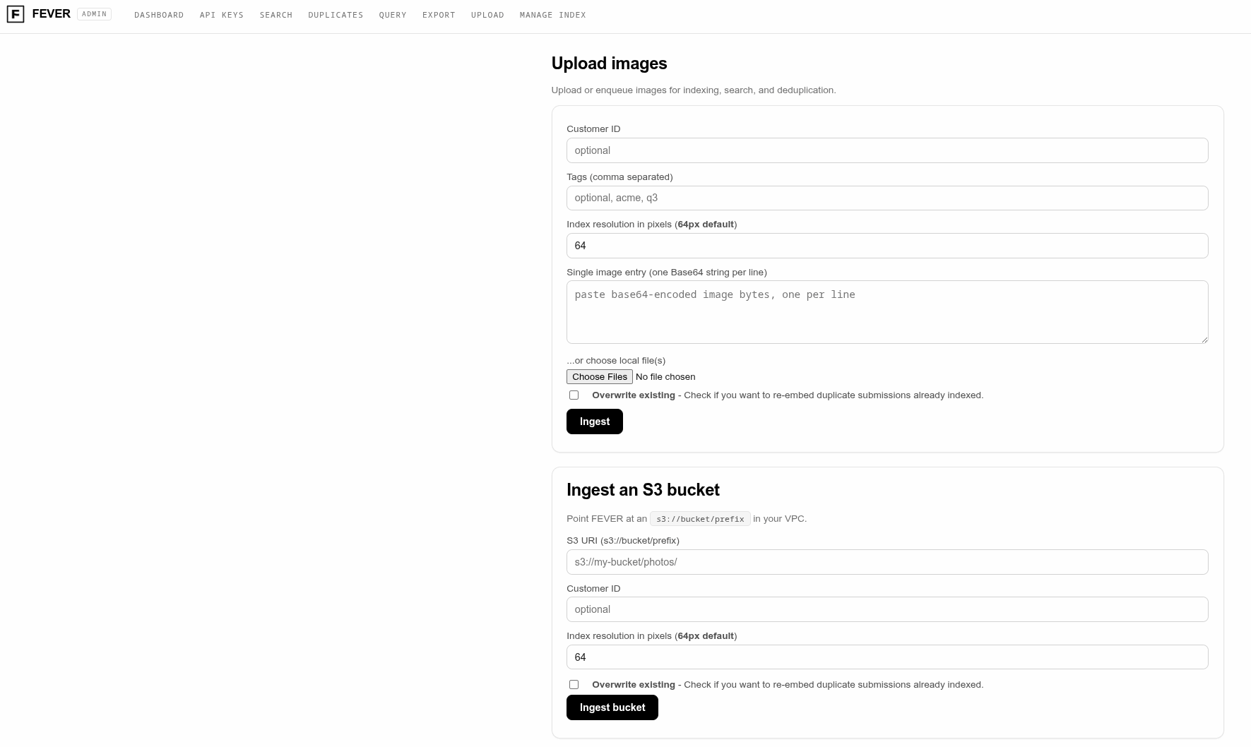 FEVER admin console Upload tab ingesting an S3 bucket prefix